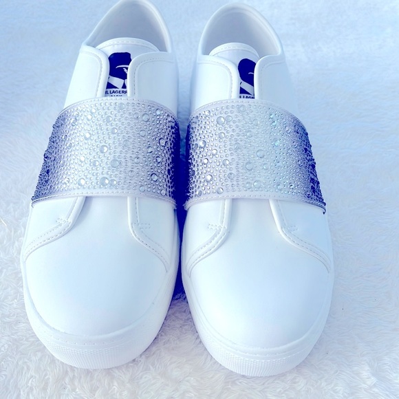 Karl Lagerfeld Remmy Sz 10 White Leather Slip-On Athletic Shoes Rhinestones NEW - Picture 1 of 16